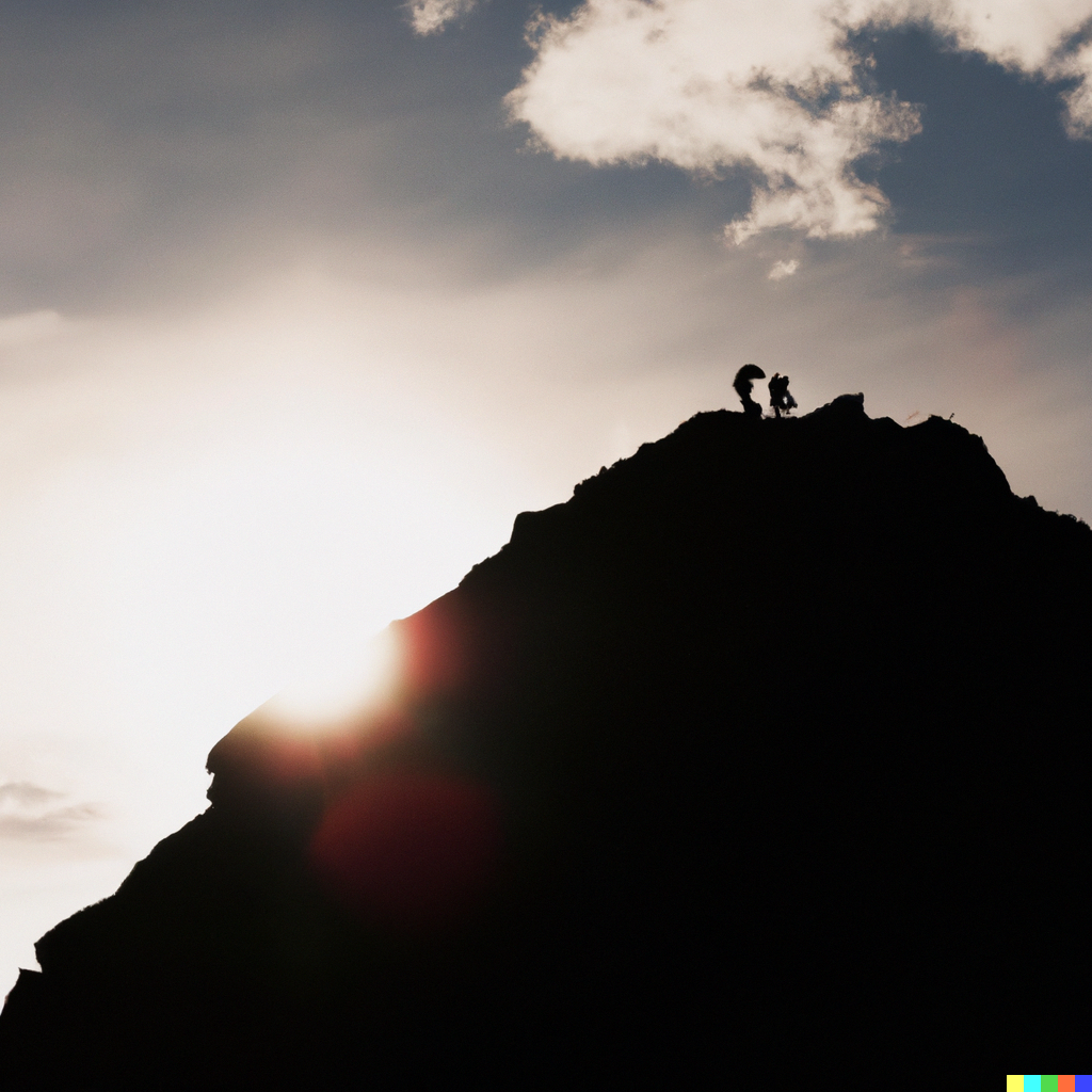 DALL·E 2023-09-23 12.01.01 - hikers climbing a big mountain during the sunset.png